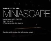 The miniascape was built in Kanagawa Arts Theatre by the Chinese artists Xiao Ke and Zi Han in the twenty seventh year of Heisei (2015 A.D.), commissioned by TPAM 2015. The landscape covers 144 square meters, and the total design meticulously incorporates minimalism and chaos. The two artists spent two months for research for this creation, and interviewed nearly thirty Japanese people whose ages and occupations varied. Through the research, they deepened their understanding of the life in Japan
