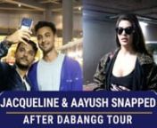 Jaqueline Fernandez was spotted at the airport as she returned from the Dabangg tour. She looked stunning in a loose fitted black tee with black jeans and a thick fluffy coat. The actress smile for the paps as she made her way outside. Aayush Sharma was also spotted at the airport in a white tee blue jacket and light jeans.