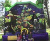 Check out your kids favorite crime fighters, the Teenage Mutant Ninja Turtles, in one amazing bounce house. Leonardo, Donatello, Michelangelo, and Rafael are all displayed on this awesome bouncy castle that your little crime fighter will love. This bouncer has a nice jumping area and a kid-friendly rock wall that leads to a really cool slide to for hours of entertainment. It also has an inflatable basketball hoop on the inside for some added fun.nnTo rent this Ninja Turtle Combo with (Wet or Dry