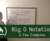 This video is about Big O Notation: A Few ExamplesnnTime complexity is commonly estimated by counting the number of elementary operations (elementary operation = an operation that takes a fixed amount of time to preform) performed in the algorithm.nnTime complexity is classified by the nature of the function T(n). O represents the function, and (n) represents the number of elements to be acted on. nnWorst-case time complexity, the longest it could possibly take with any valid input, is the most