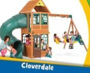 Big Backyard Premium Cloverdale Wooden Play Set / Swing SetnnThe Cloverdale Play Set by Big Backyard Premium will look great in your backyard as it offers all sorts of opportunities for your little ones to participate in active and imaginative play!nnKids will stay active climbing up the Rock-climbing Wall to the Upper Clubhouse where your children can wave out of the Decorative Windows and play with friends as they stay shaded by the beautiful Wooden Roof. From here they can slide down the exci