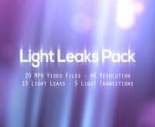 Pack Download: http://1.envato.market/c/136940/275988/4415?u=https%3A%2F%2Fvideohive.net%2Fitem%2Flight-leaks-pack%2F19857542nnPack of 20 pre-rendered light leak overlays. Use them to improve your video footage or as design elements.nnPack Contentnn- 15 Light Leaks (20 seconds each)n- 5 Light Leaks Transitions (2 seconds each)n- Step by step user instruction Tutorial for After Effects &amp; Premiere PronnTechnical Detailsnn- UltraHD 4K resolution (3840×2160)n- H264 mp4 videosn nWeblinksnnhttp:/