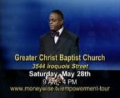(May 6, 2011) A Moneywise Empowerment Seminar will be held in Detroit, MI; on Saturday, May 28, 2011 at the Greater Christ Baptist Church. The Moneywise Empowerment Seminar is the official national outreach program of the Moneywise with Kelvin Boston public television series, and has served more than 30,000 minority consumers and military members in the United States, Japan, Korea, Europe, Spain, and Bahrain. nnThis valuable financial seminar is free and open to the public. It features Kelvin Bo
