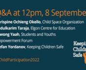 This talk is part of the Child Participation in Safeguarding 2022 – a global conference on children and young people’s participation in safeguarding. 6-8 September 2022.nnThis video includes a live 20 to 35-minute panel discussion with child safeguarding professionals who participated to this online conference as speakers, providing an interactive forum for audience questions, further discussions and social media engagement using the #ChildParticipation2022 hashtag. [8 September 2022]nnThis