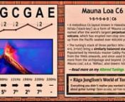 Full page: https://ragajunglism.org/tunings/menu/mauna-loa/ &#124; “A C6 known in Hawaiian kī hō’alu (‘slack-key’) guitar as C ‘Mauna Loa’ – the name of the world’s largest active volcano, which has erupted non-stop since rising from the Pacific seabed over 400,000 years ago. The tuning’s regular stack of three perfect 5ths brings a similarly balanced stability (6/5, 4/3, 2/1). Popularised by the great Honolulu master Gabby Pahinui from the 1940s onwards, and since used by others