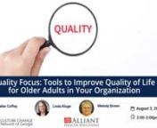 In this webinar we will review some of the core strategies to support continuous quality improvement and strategic planning in your organization, such as Plan-Do-Study-Act, Force Field Analysis, and Collaborative Goal Setting. We will have guests from our Quality Improvement Organization, Alliant Health Solutions (Linda Kluge, Senior Executive Director of Quality &amp; Strategic Alliances and Melody Brown, State Manager – Georgia), who will offer commentary on the usefulness of these strategie