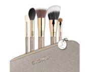 Stay golden with this dazzling set of 5 ultra-soft SigmaTech® and Sigmax® fiber brushes, plus a matching Beauty Bag. The sparkly finishes and patented waterproof technology look radiant whether you use them at home or on the go. Perfect for creating glowy, sunkissed looks, these deluxe beauty tools will have you feeling vacay vibes in no time.nnPRODUCTS INCLUDED:nE35 Tapered Blending - Apply + blend crease color nE55 Eye Shading - Evenly apply color across the lidnF35 Tapered Highlighter - Dus
