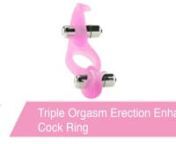 https://www.pinkcherry.com/collections/vibrators-vibrating-cock-rings (PinkCherry US)nhttps://www.pinkcherry.ca/collections/vibrators-vibrating-cock-rings (PinkCherry Canada)nnMake a good thing amazing with the Triple Orgasm Erection Arouser. This vibrating cock ring delivers double the pleasure with 2 micro stimulator bullet vibes that fit into either end for clit stimulation for her, and testicular or perineum sensation for him. The ring itself is a stretchy, soft dolphin nosed shape, in a sil