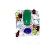 https://www.ross-simons.com/946709.htmlnnThis eye-catching ring shows off an eclectic gemstone mix worth fawning over! Featuring multi-cuts of 6x16mm green chalcedony, 4x6mm lapis, 2.5x5mm moonstone, 2.5x5mm Larimar and 2.48 ct. tot. gem wt. garnet, blue topaz, peridot, citrine and white topaz. Set in polished sterling silver. 7/8 wide. Multi-gem ring.