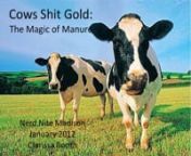 Cows Shit Gold: The Magic of Manure (by Clarissa Booth) - 01.25.2012nnSummary: “Pasture Patties.” “Cow Pies.” “Meadow Muffins.” No matter its name, cow manure is agricultural gold. For centuries, humans have been using manure as a fertilizer for land. Cow dung is rich in nutrients and microbes eager to unknowingly cultivate farmland. But in addition to its use as a crop dressing, manure has other lesser known applications from serving as an insect repellent to a biofuel. In this talk