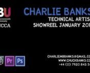 This is my showreel including work from my time at Bournemouth University studying Computer Animation and Visulisation (BACVA) and personal projects. Download my detailed breakdown here http://www.chuckbanks.com/banks_reelBreakdown.pdfnnRobber and Girl Scout animation clips are from the short I worked on called &#39;Cookie Dough&#39; which can be seen here. https://vimeo.com/44039885nnIt features in order...nnRobber Rig - A biped rig I created used in the group project I was involved in at University. I