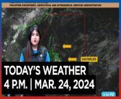 Today&#39;s Weather, 4 P.M. &#124; Mar. 24, 2024&#60;br/&#62;&#60;br/&#62;Video Courtesy of DOST-PAGASA&#60;br/&#62;&#60;br/&#62;Subscribe to The Manila Times Channel - https://tmt.ph/YTSubscribe &#60;br/&#62;&#60;br/&#62;Visit our website at https://www.manilatimes.net &#60;br/&#62;&#60;br/&#62;Follow us: &#60;br/&#62;Facebook - https://tmt.ph/facebook &#60;br/&#62;Instagram - https://tmt.ph/instagram &#60;br/&#62;Twitter - https://tmt.ph/twitter &#60;br/&#62;DailyMotion - https://tmt.ph/dailymotion &#60;br/&#62;&#60;br/&#62;Subscribe to our Digital Edition - https://tmt.ph/digital &#60;br/&#62;&#60;br/&#62;Check out our Podcasts: &#60;br/&#62;Spotify - https://tmt.ph/spotify &#60;br/&#62;Apple Podcasts - https://tmt.ph/applepodcasts &#60;br/&#62;Amazon Music - https://tmt.ph/amazonmusic &#60;br/&#62;Deezer: https://tmt.ph/deezer &#60;br/&#62;Tune In: https://tmt.ph/tunein&#60;br/&#62;&#60;br/&#62;#TheManilaTimes&#60;br/&#62;#WeatherUpdateToday &#60;br/&#62;#WeatherForecast&#60;br/&#62;