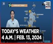 Today&#39;s Weather, 4 A.M. &#124; Feb. 13, 2024&#60;br/&#62;&#60;br/&#62;Video Courtesy of DOST-PAGASA&#60;br/&#62;&#60;br/&#62;Subscribe to The Manila Times Channel - https://tmt.ph/YTSubscribe &#60;br/&#62;&#60;br/&#62;Visit our website at https://www.manilatimes.net &#60;br/&#62;&#60;br/&#62;Follow us: &#60;br/&#62;Facebook - https://tmt.ph/facebook &#60;br/&#62;Instagram - https://tmt.ph/instagram &#60;br/&#62;Twitter - https://tmt.ph/twitter &#60;br/&#62;DailyMotion - https://tmt.ph/dailymotion &#60;br/&#62;&#60;br/&#62;Subscribe to our Digital Edition - https://tmt.ph/digital &#60;br/&#62;&#60;br/&#62;Check out our Podcasts: &#60;br/&#62;Spotify - https://tmt.ph/spotify &#60;br/&#62;Apple Podcasts - https://tmt.ph/applepodcasts &#60;br/&#62;Amazon Music - https://tmt.ph/amazonmusic &#60;br/&#62;Deezer: https://tmt.ph/deezer &#60;br/&#62;Stitcher: https://tmt.ph/stitcher&#60;br/&#62;Tune In: https://tmt.ph/tunein&#60;br/&#62;&#60;br/&#62;#TheManilaTimes&#60;br/&#62;#WeatherUpdateToday &#60;br/&#62;#WeatherForecast