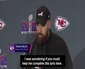 Watch: Awkward moment reporter tries to get Travis Kelce to sing “Karma” from zid video sing