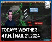 Today&#39;s Weather, 4 P.M. &#124; Mar. 21, 2024&#60;br/&#62;&#60;br/&#62;Video Courtesy of DOST-PAGASA&#60;br/&#62;&#60;br/&#62;Subscribe to The Manila Times Channel - https://tmt.ph/YTSubscribe &#60;br/&#62;&#60;br/&#62;Visit our website at https://www.manilatimes.net &#60;br/&#62;&#60;br/&#62;Follow us: &#60;br/&#62;Facebook - https://tmt.ph/facebook &#60;br/&#62;Instagram - https://tmt.ph/instagram &#60;br/&#62;Twitter - https://tmt.ph/twitter &#60;br/&#62;DailyMotion - https://tmt.ph/dailymotion &#60;br/&#62;&#60;br/&#62;Subscribe to our Digital Edition - https://tmt.ph/digital &#60;br/&#62;&#60;br/&#62;Check out our Podcasts: &#60;br/&#62;Spotify - https://tmt.ph/spotify &#60;br/&#62;Apple Podcasts - https://tmt.ph/applepodcasts &#60;br/&#62;Amazon Music - https://tmt.ph/amazonmusic &#60;br/&#62;Deezer: https://tmt.ph/deezer &#60;br/&#62;Tune In: https://tmt.ph/tunein&#60;br/&#62;&#60;br/&#62;#TheManilaTimes&#60;br/&#62;#WeatherUpdateToday &#60;br/&#62;#WeatherForecast&#60;br/&#62;