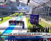 President Donald Trump made no explicit mention of NATO&#39;s mutual defense pact on Thursday even as he spoke at a ceremony unveiling a memorial dedicated to it.