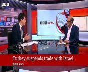 #Turkey #BBCNews&#60;br/&#62;Turkey has suspended all trade with Israel over its offensive in Gaza, citing the &#92;