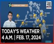Today&#39;s Weather, 4 A.M. &#124; Feb. 17, 2024&#60;br/&#62;&#60;br/&#62;Video Courtesy of DOST-PAGASA&#60;br/&#62;&#60;br/&#62;Subscribe to The Manila Times Channel - https://tmt.ph/YTSubscribe &#60;br/&#62;&#60;br/&#62;Visit our website at https://www.manilatimes.net &#60;br/&#62;&#60;br/&#62;Follow us: &#60;br/&#62;Facebook - https://tmt.ph/facebook &#60;br/&#62;Instagram - https://tmt.ph/instagram &#60;br/&#62;Twitter - https://tmt.ph/twitter &#60;br/&#62;DailyMotion - https://tmt.ph/dailymotion &#60;br/&#62;&#60;br/&#62;Subscribe to our Digital Edition - https://tmt.ph/digital &#60;br/&#62;&#60;br/&#62;Check out our Podcasts: &#60;br/&#62;Spotify - https://tmt.ph/spotify &#60;br/&#62;Apple Podcasts - https://tmt.ph/applepodcasts &#60;br/&#62;Amazon Music - https://tmt.ph/amazonmusic &#60;br/&#62;Deezer: https://tmt.ph/deezer &#60;br/&#62;Stitcher: https://tmt.ph/stitcher&#60;br/&#62;Tune In: https://tmt.ph/tunein&#60;br/&#62;&#60;br/&#62;#TheManilaTimes&#60;br/&#62;#WeatherUpdateToday &#60;br/&#62;#WeatherForecast