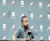 Ainias Smith meets with reporters during Philadelphia Eagles rookie camp